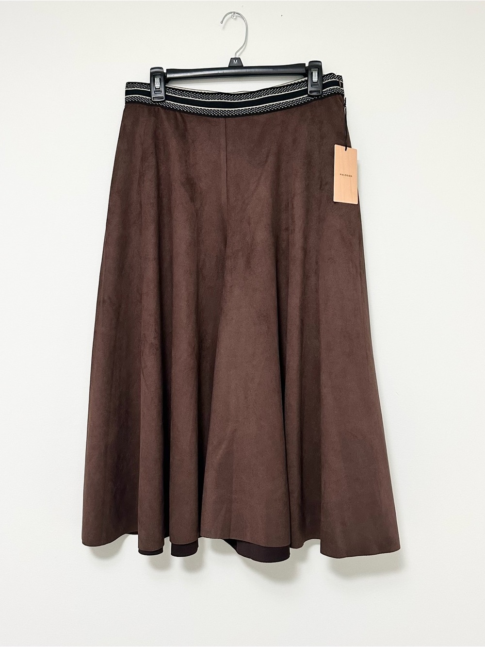 NEW Halogen Chocolate Brown A-Line Midi Skirt with Contrast Waistband Women's LG